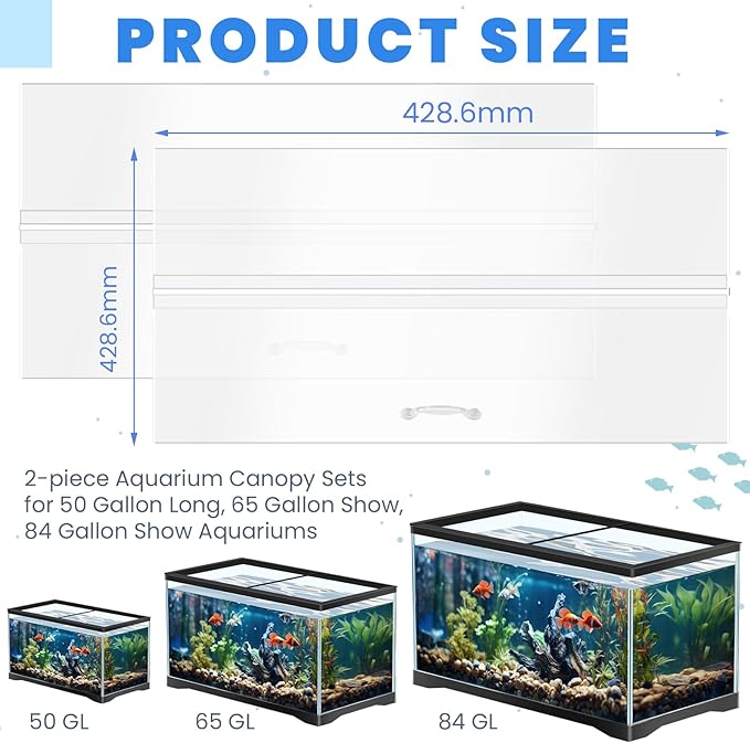 Sieral Aquarium Lids Polycarbonate Canopy 2 Pieces Set 16.87 x 16.87 x 0.12 Inch for 50/65/84 Gallon with Center Brace Aquariums Cover Fish Tank Lid with a Hook Knife, Clear