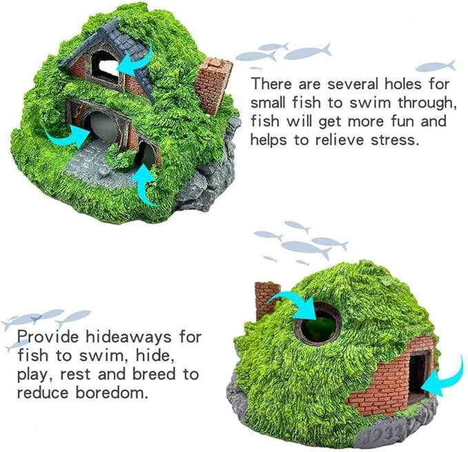 Fish Tank Decorations kit, Aquarium Decor Hobbit House x 1pc, Fish Tank Accessories Aquatic Plants x 2pcs, Starfish x 2pcs.