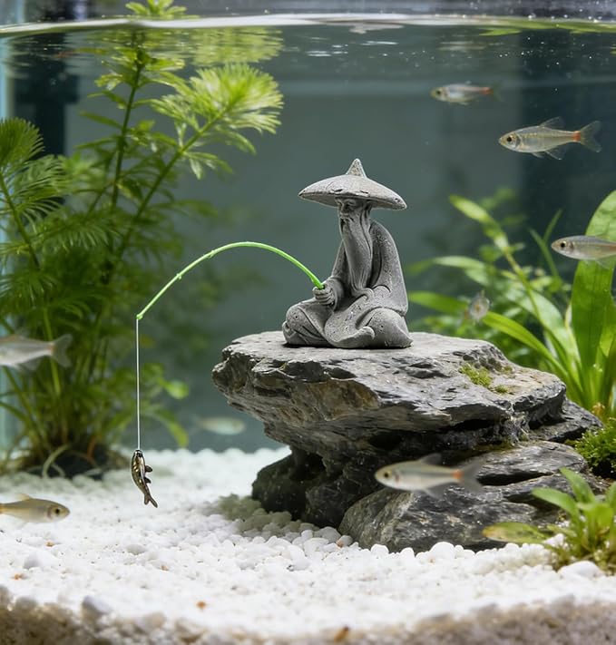 livelyfish Mini Fisherman Statue Asian Zen Decoration Sitting Fishing Figurines Sandstone Vintage Ornament for Aquarium Fish Tank Pot Garden Home Japanese Decor (D2)