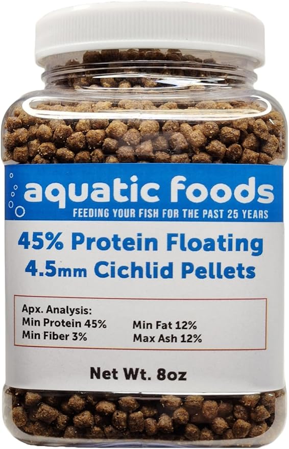 Cichlid Pellets, 45% Protein Floating 4.5mm (5/32") Pellets for Oscars, Central American, South American Cichlids…8oz Small Jar