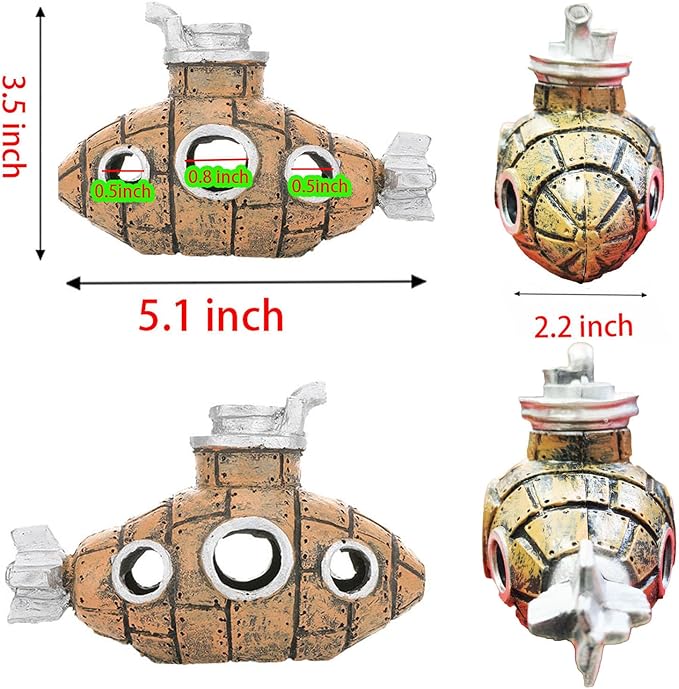 Aquarium Shipwreck Decor Set, Fish Tank Accessories Resin Submarine Ornament Betta Fish Hideout Cave with 6 Artificial Aquatic Plants, 40+ Seashells, 1 Floating Diver for Freshwater Saltwater