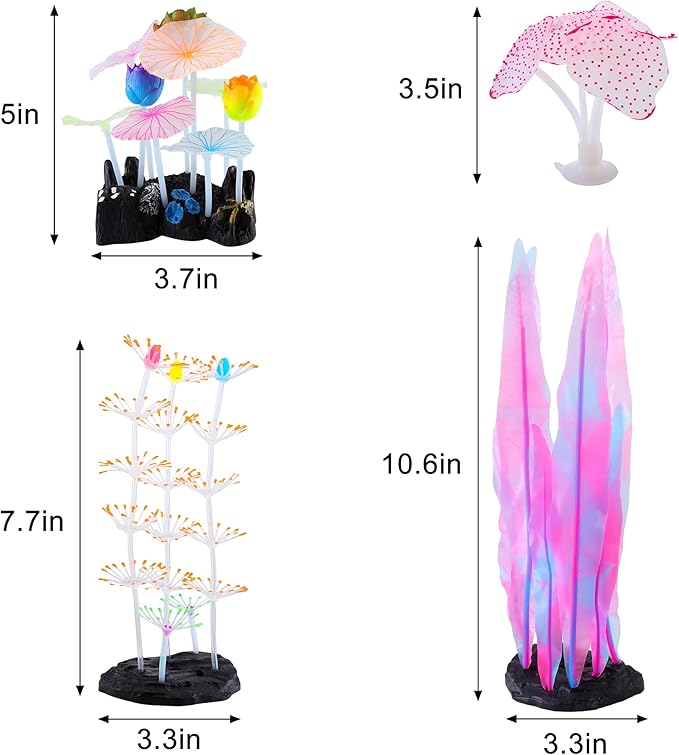 Glowing Fish Tank Decorations Plants, 4 pcs Glow Aquarium Decorations, Glowing Coral Plant Ornaments Lotus Kelp and Anemone