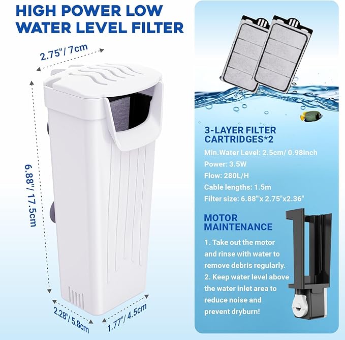 GOZILLA Turtle Tank Filter 74GPH, Low Water Level Turtle Tank 3.5W Fish Tank Aquarium Filters for Small Tanks up to 15 Gallons Include 2 Replacement Cartridge.(White)