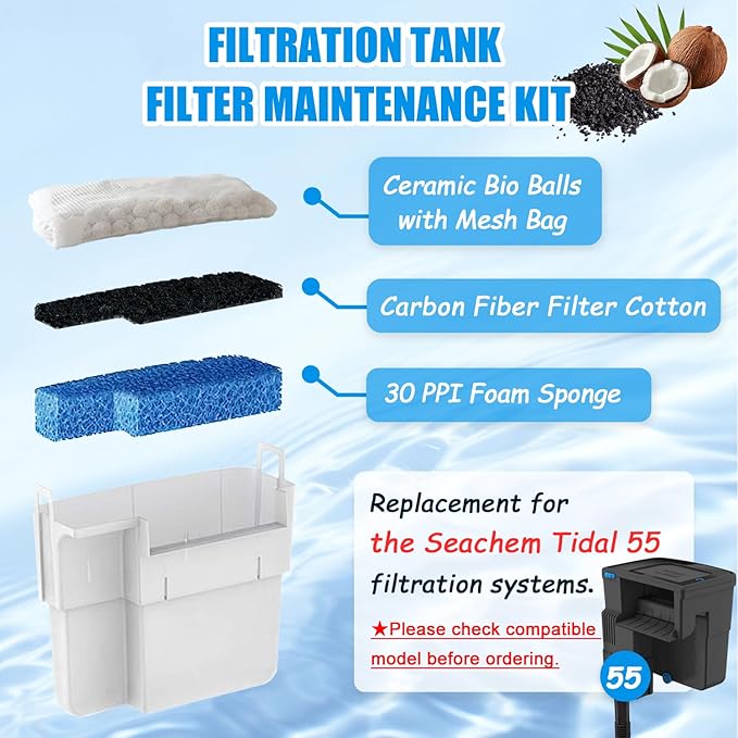 SHIGATSU 4 Set Three-Stage Filters Replacement Media Kit for Seachem Tidal 55 Filter, Replacement Aquarium Filter Sponge and Activated Carbon Pad for Fish Tank Filter