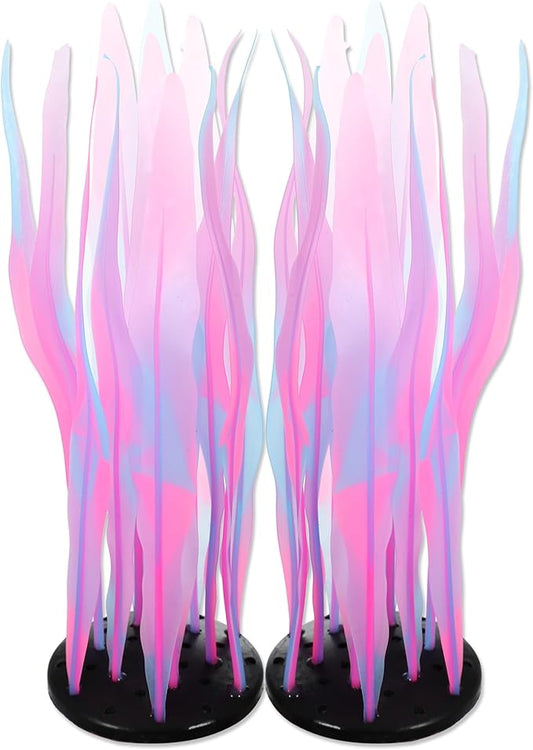 Aquarium Glowing Kelp Plant, Soft Silicone Glowing Fish Tank Decorations, Fluorescence Coral Decor for Aquarium Decor Pink 2pcs