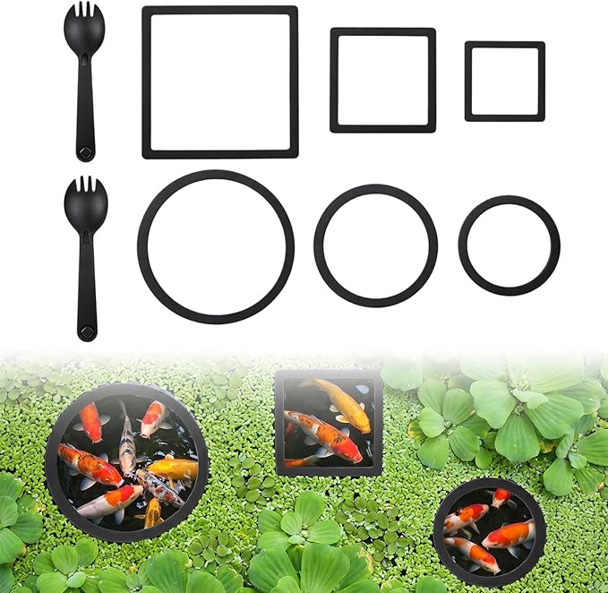 6 Pcs Aquarium Floating Plant Corral, Round & Square Fish Feeding Rings, EVA Fish Tank Accessories for Betta and Small Fishs, Floating Plant Barrier & Feeder Set with 2 Feeding Forks (Black)