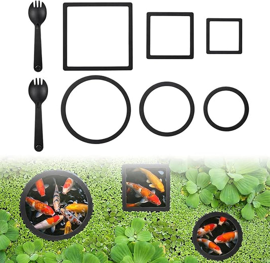 6 Pcs Aquarium Floating Plant Corral, Round & Square Fish Feeding Rings, EVA Fish Tank Accessories for Betta and Small Fishs, Floating Plant Barrier & Feeder Set with 2 Feeding Forks (Black)