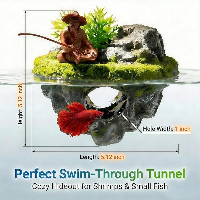 Floating Aquarium Decor with Interactive Fish Feeding Hook, Fish Tank Decorations for Betta, Guppy & Shrimp, Safe ABS Material Floating Fish Tank Decor, 3D Old Man