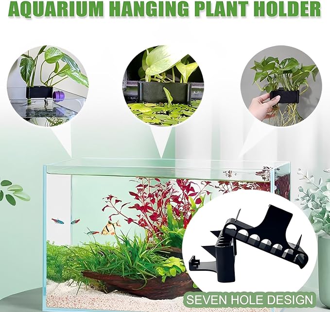 2PC 7 Holes Upgraded Aquarium Plant Holder, Aquatic Plants Cup for Tank, Fish Tank Plant Holder with Long Hook, Aquarium Feeder for Aquascape Decorations on Top of Tank (Black-2PC)