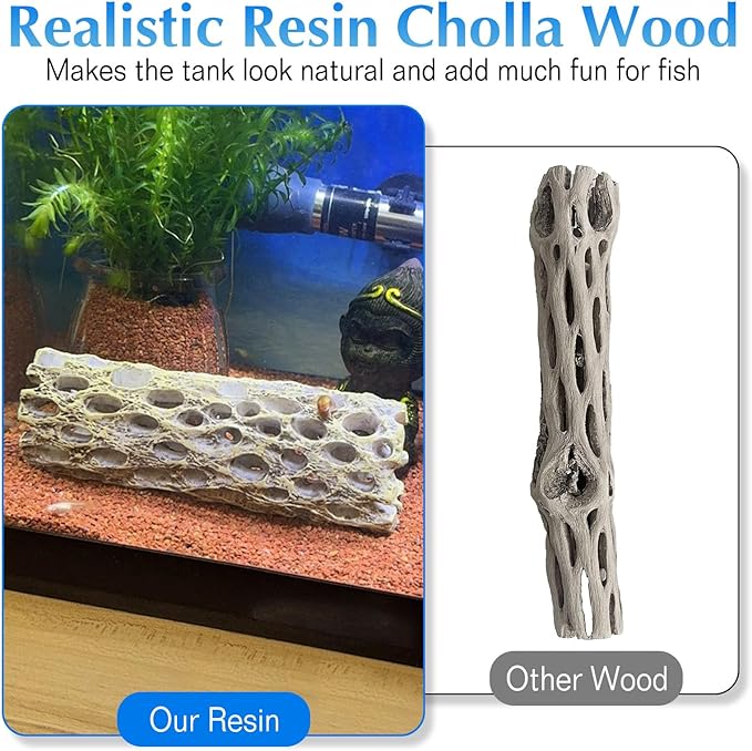 kathson Resin Cholla Wood Aquarium Shrimp Hideout Fake Fish Tank Hollow Log Hideawy Reptile Climbing Corner Branch Hermit Crab Terrarium Ornament Decoration (2 Packs)