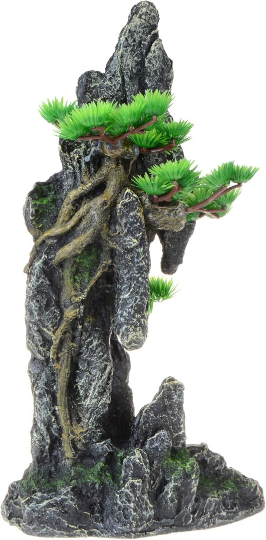 Tall Aquarium Decor Mountain View with Tree & Cave 13.8inch, Large Fish Tank Decoration, Artificial Resin Rock Mountain Betta Fish Tank Ornament for Goldfish Cichlid Shrimp Hiding Playing