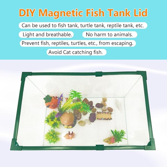 Magnetic Fish Tank Cover Green Frame Grey Fiberglass Mesh, DIY Fish Tank Lid Aquarium Lid for Preventing Fish from Jumping Out and Reptile Escaping Adjustable Size Fit Tank Size Max 35''X19''