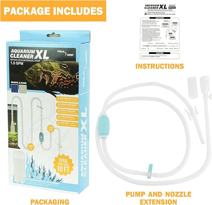 TERA PUMP 2 Pack Extra Long 10 FT Fish Tank Gravel Cleaner Siphon - Manual Water Pump for Aquariums 10 Gallons - BPA-Free Water Change Siphon Hose