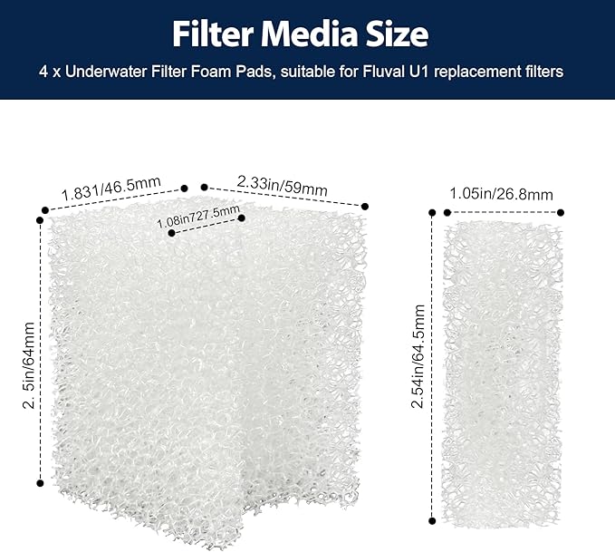 Underwater Filter Bio-Foam Pads Compatible with Fluval U1 Filter, Aquarium Foam Filter Media, Filter Sponge Replacement Parts for Aquaclear Canister Aquarium Fish Tank (4 Pack)
