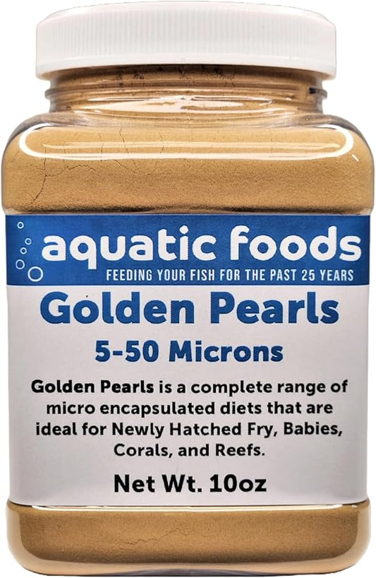 Golden Pearls 5-50 Microns, Powder for New Fry, Babies of Shrimp, Axolotls, Discus, Cichlids, Catfish, Tetras, Angel Fish, Guppies, Bettas, Goldfish, Corals, Reefs...10oz Small Jar
