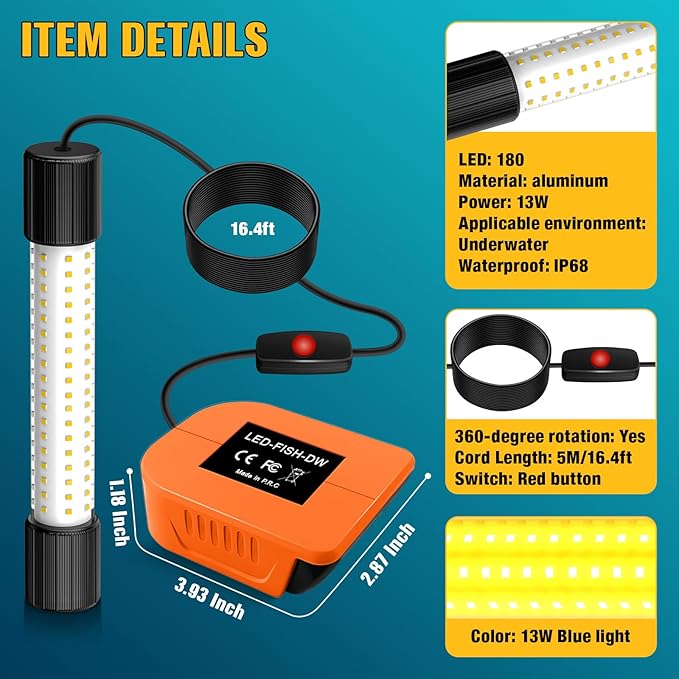 Underwater Fishing Warm Light Compatible with DeWalt 20V Battery,1300 Lumens, LED Light for IP68 Waterproof Submersible Fish Attracting, Night Fishing for Docks Boats or Kayaks(no Battery)