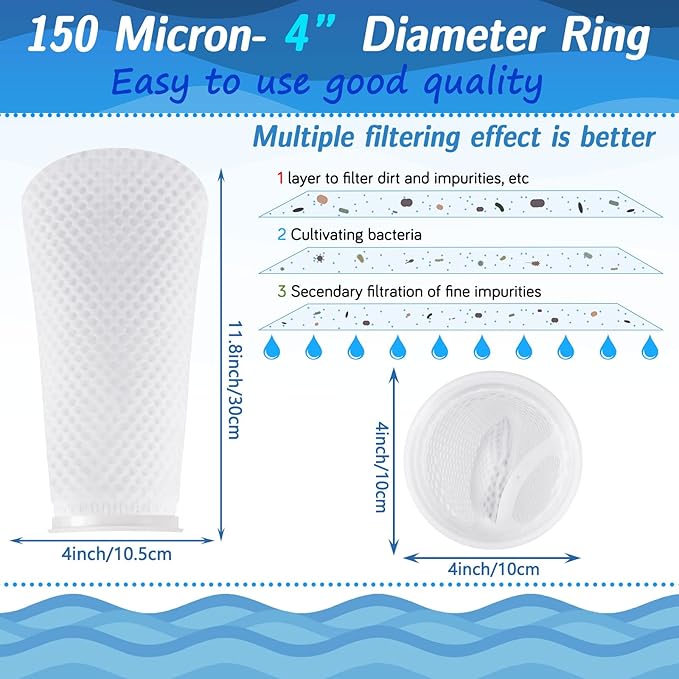 Jecery 8 Pcs Filter Socks 4 Inch 3D Honeycomb Design Filter Sock 4 Inch Ring by 11.8 Inch Long Saltwater Aquarium 150μm Aquarium Sump Use in Fish Tank Sump Overflow, White