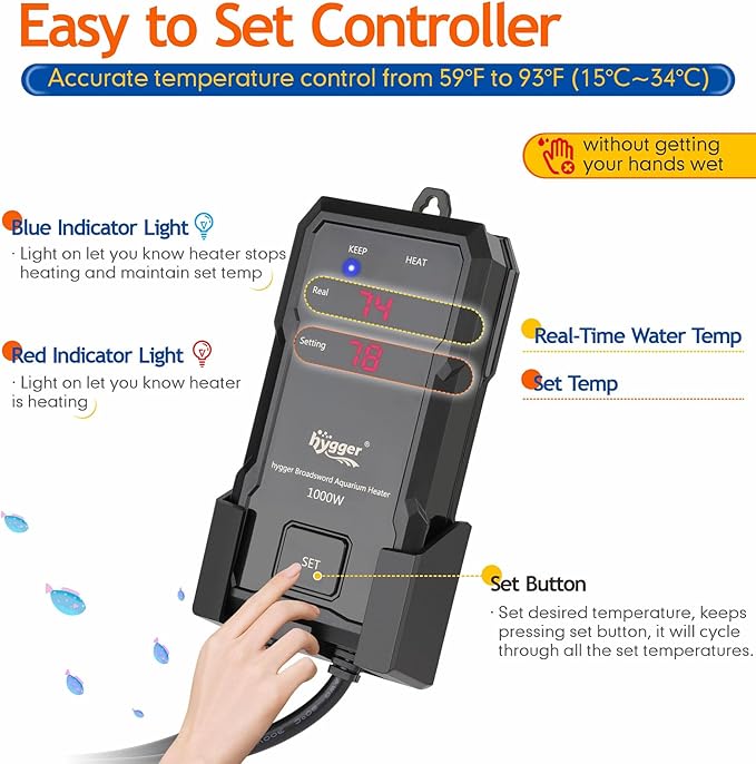 hygger 1000W Aquarium Heater with Controller, Adjustable & Submersible Fish Tank Heater with Digital Display Safety Triple Protection Beeping Alarm for Saltwater and Freshwater 130-260 Gallon