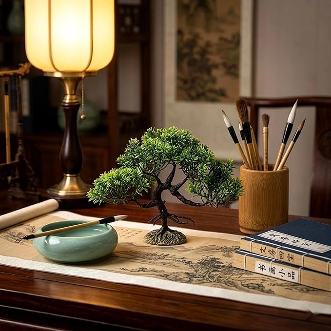 LOGOFUN 4 Pcs Aquarium Bonsai Tree Artificial Water Plant Fish Tank Decorations (Deep Green)