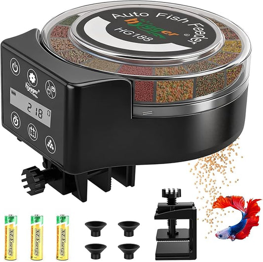hygger Automatic Fish Feeder for Aquarium: Auto Fish Food Dispenser with LED Display & Timer, Precision Auto Aquarium Vacation Feeder for Fishes with 3 AA Batteries for Betta Turtle Goldfish