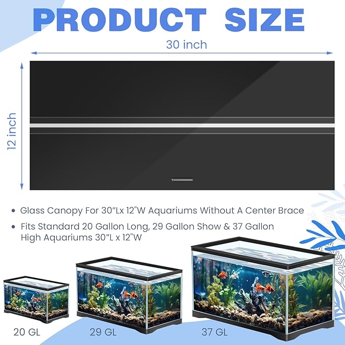 Juexica Aquarium Lids Acrylic Canopy with LED Light 29 x 11.38 x 0.28 Inch for 20/29/37 Gallon Without Center Brace Aquariums Cover Fish Tank Lid with a Hook Knife, Black