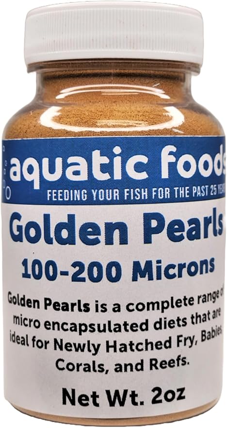 Golden Pearls 100-200 Micron Powder for Fry, Babies of Shrimp, Axolotls, Discus, Cichlids, Catfish, Tetras, Angel Fish, Guppies, Bettas, Goldfish, Corals, Reefs…2oz Bottle