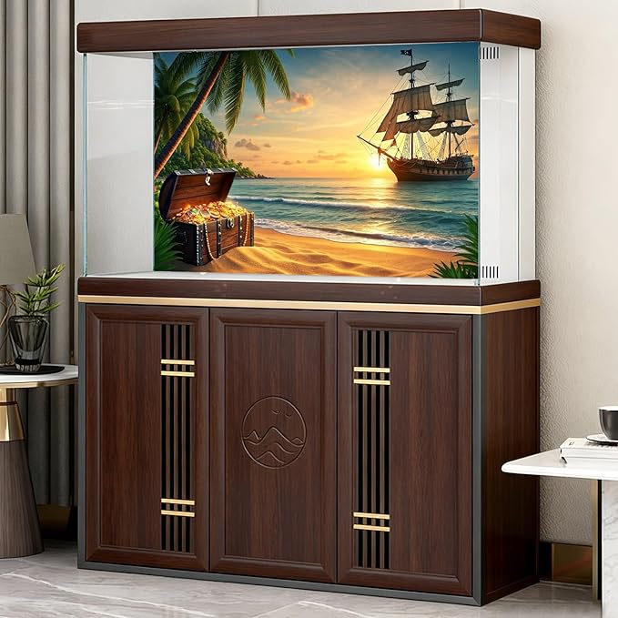 Beach Aquarium Background Pirate Ship Tropic Island Treasure Chest Fish Tank Background Sunset Vintage Pirates Sailing Old Ship Ocean Seascape Terrarium Backgrounds for Tank Backgrounds Decors 36x20in