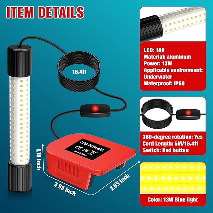 Underwater Fishing Warm Light Compatible with Milwaukee M18 Battery,1300 Lumens, LED Light for IP68 Waterproof Submersible Fish Attracting Light, Night Fishing Light (No Battery)