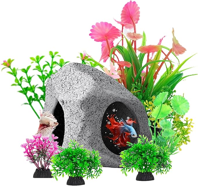 Fish Tank Decorations kit, Aquarium Decor Hideaway Rock Cave x 1pc, Fish Tank Accessories Aquatic Plants x 6pcs