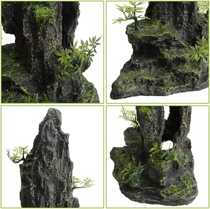 Tall Aquarium Decor 14.4inch, Cool Large Fish Tank Decorations Accessories, Resin Mountain View Aquarium Ornament with Tree Hideout Cave, for Betta Goldfish Shrimp Guppy Cichlid Play Rest