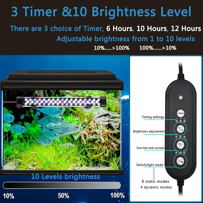 Submersible Aquarium Lights for Fish Tank,24/7 Cycle Fish Tank Light with Timer,Adjustable Brightness,8 Colors,Underwater Full Spectrum LED Aquarium Decor Plant Light,11.8'' for 15gallon Fish