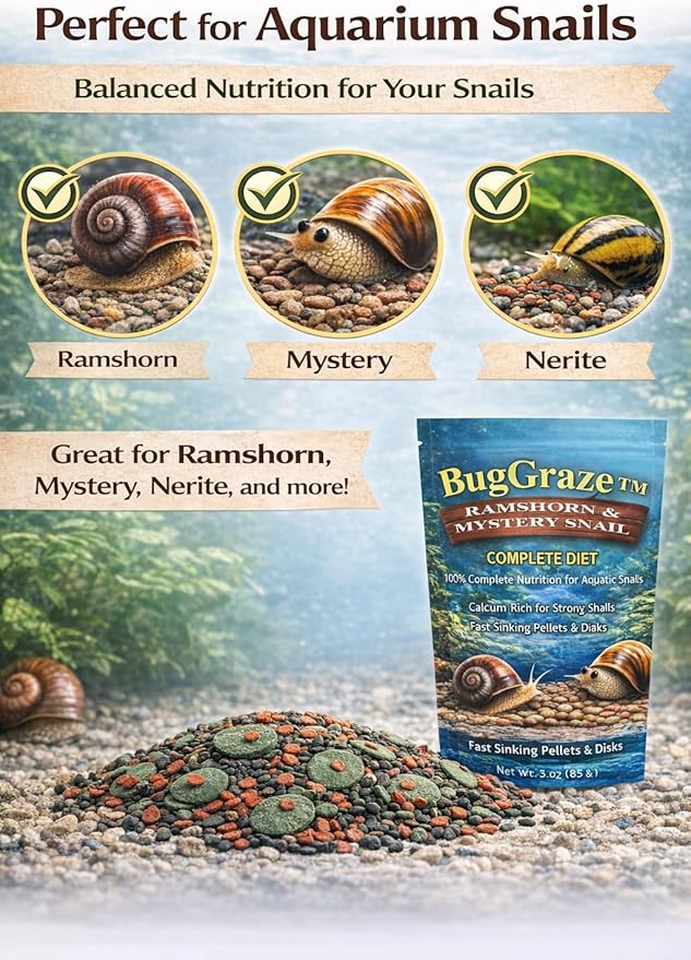 Ramshorn and Mystery Snail Complete Diet Aquarium Snail Food – Calcium-Enriched Sinking Pellets, Wafers & Granules.