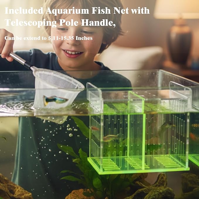 Acrylic Breeding Box for Fish Tank, Aquarium Hatchery Incubator with Long Handle Net, Breeder Isolation Acclimation Box for More Baby Fish & Shrimp (Green, 9x5.3x6.7 in)