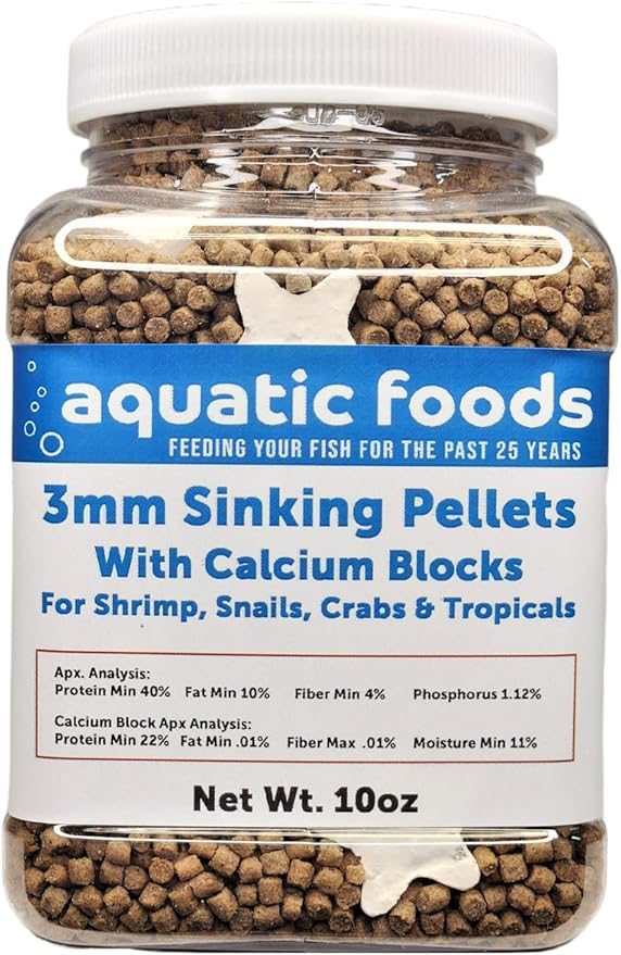 Calcium Shells Included in These 40% Protein 3mm Sinking Pellets for Shrimp, Snails, Crabs, Catfish, Plecos for All Tropical Fish. Pellets by Zeigler...10oz Small Jar