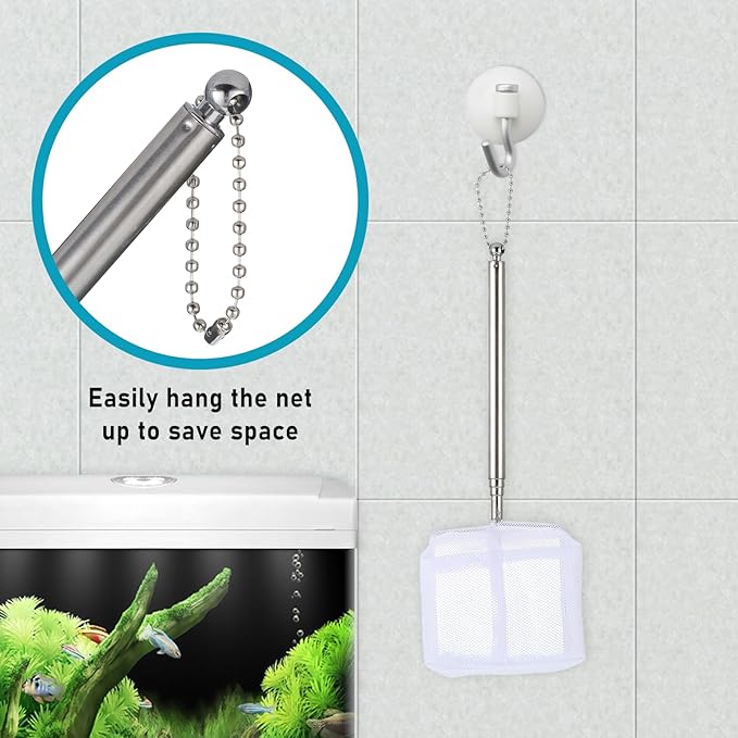 4 PCS Fish Tank Shrimp Net Extendable Handle, Aquarium Stainless Steel Small Fishing Net with Adjustable Handle Fishtank Nets Small Nets for ShrimpFish Circle Square Brine ShrimpNet for Aquarium