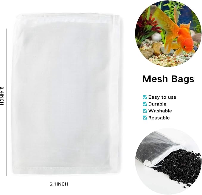 Aquarium Filter Media Bag - 10 Pcs Durable Nylon Fine Mesh with Zipper for Koi Pond, Canister, Fish Tank Filter, Pellet Carbon, Bio Balls, Ceramic Rings (6 x 8 Inch)