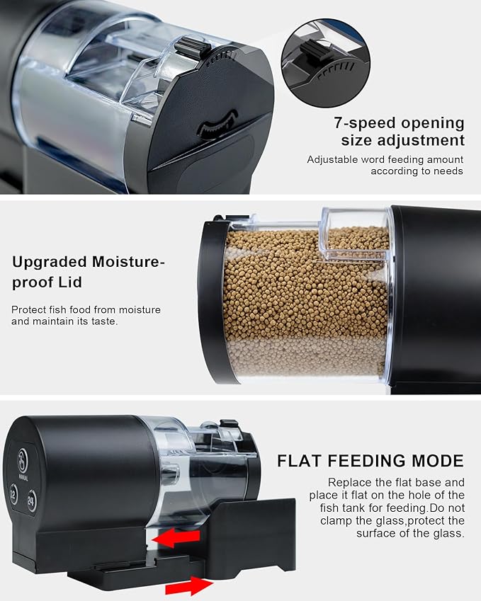 Automatic Fish Feeder for Aquarium, Helps Keep Fish Fed While You’re Away, Large 100ml Capacity with Adjustable Feeding Timer, Battery Operated Auto Feeder for Flakes and Pellets (Black)
