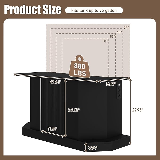 55-75 Gallon Fish Tank Stand with Power Outlet, Heavy Duty Farmhouse Fish Tank Stand, Sturdy Reptile and Terrarium Stand with Cabinet Storage, 4 AC 2 USB Ports, Black Pannel, Aquarium Not Included
