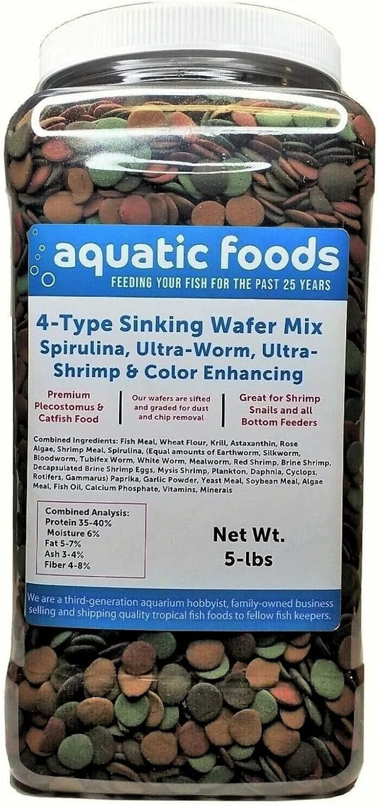 4-Type Ultra Mix of 12mm - 1/2'' Wafers, Spirulina-Algae 6-Type Worm 10-Type Shrimp Wafer, Intense Color Enhancing Wafers. Plecos, Shrimp, Snails, All Tropical Fish...5-lb Jar