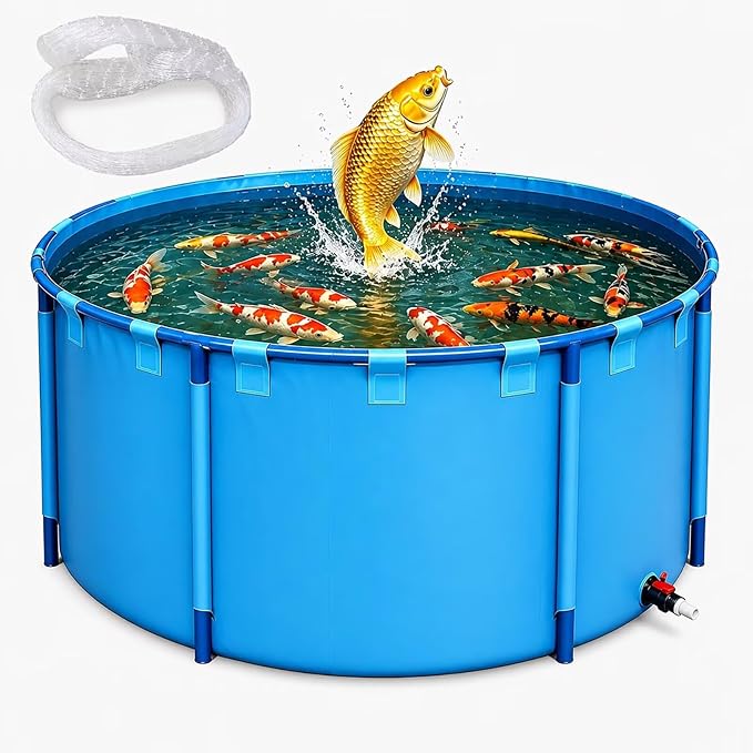 94.5 * 47.2 in Above Ground Pond(1558 Gal) 0.9MM Thickened Round PVC Koi Fish Pond,Portable and Foldable Fishponds Suitable for Aquaculture and Agricultural Water Storage with Anti-Jump Net