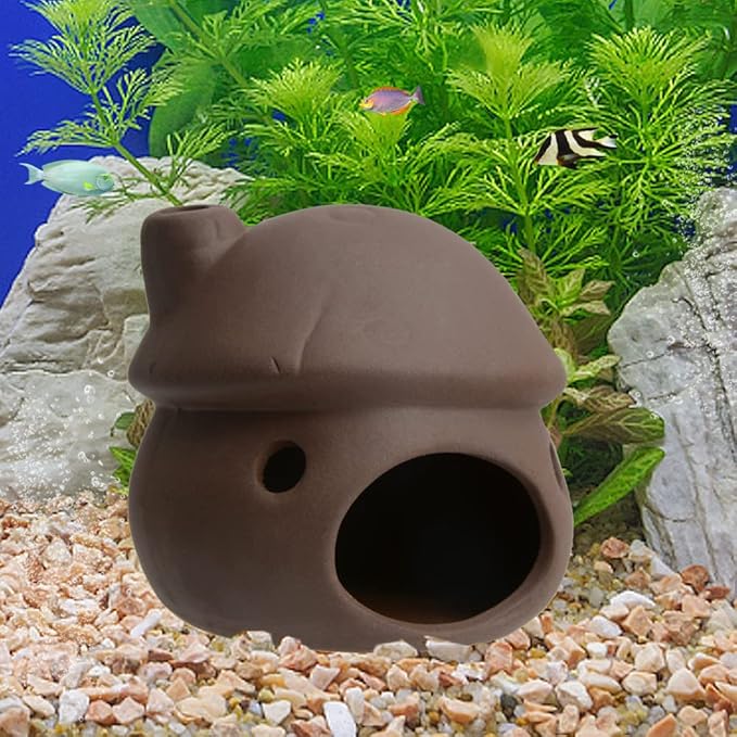Aquarium Decor Ceramic Mushroom House Ornament Fish Tank Landscape Decoration Pottery Hide Cave Habitat Hut Small Shrimp for Goldfishes to Rest Breed Hiding (Brown)