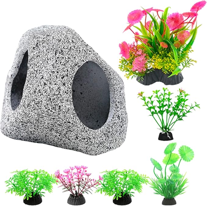 Fish Tank Decorations kit, Aquarium Decor Hideaway Rock Cave x 1pc, Fish Tank Accessories Aquatic Plants x 6pcs