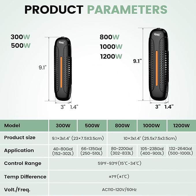 hygger 1000W Aquarium Heater with Controller, Submersible Fish Tank Heater Intelligent Leaving Water Automatica Stop Heating and Overheat Protection,105-238 Gal Turtle Heaters for Freshwater Saltwater