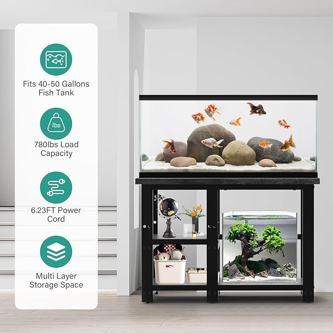 AQQA 40-50 Gallon Fish Tank Stand with 5 in 1 Power Outlets, 36x18 Inch Heavy Duty Metal Frame Aquarium Stand, Adjustable Storage Shelves, 720LBS Capacity Terrarium Stand, 3 Tiers Reptile Tank Stand