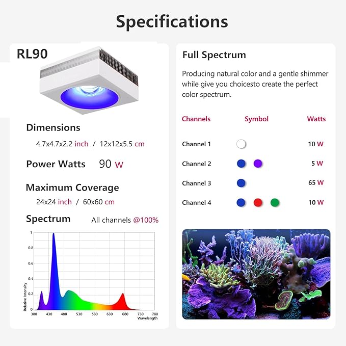 PopBloom RL90 WiFi Reef LED Light, 100W Reef Aquarium Lighting for Marine SPS LPS Corals Saltwater Fish Tanks, Enhanced Violet and Blue Spectrum, APP Fully Programmable (White, with Hang kit)
