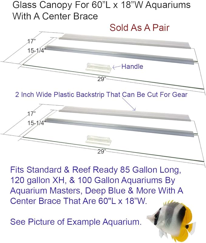 Glass Canopy for Aquariums with and Without Center Braces, 10 Gallon to 200 Gallon Aquariums (Tank with Center Brace, 60" L x 18" W)