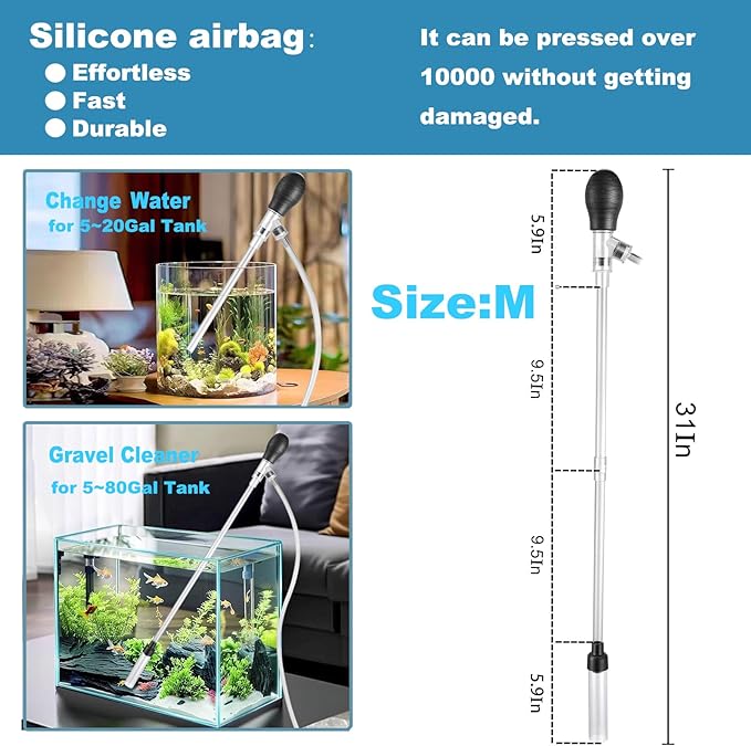 Carefree Fish Aquarium Gravel Cleaner 6Ft Hose Silicone Airbag Fish Tank Water Changer Gravel Vacuum Adjustable Length ABS(for 5~20Gal Tank)