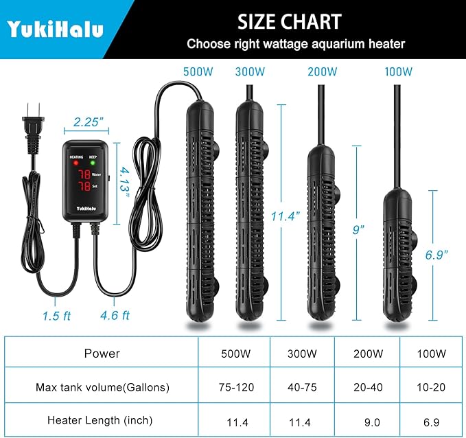 YukiHalu Aquarium Heater 50/100/200/300/500W with Protective Case, Fish Tank Heater, Temperature Adjustable, External Temperature Controller, LED Display, Used for 10/20/40/75/120 Gallons (500W)