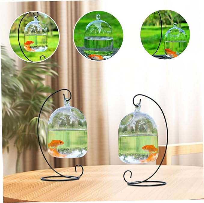Hanging Fish Bowl with Stand, Transparent Mini Fish Tank Bowl, Space-Saving Impermeable Construction Glass Vase Aquarium for Home, Office Accessory