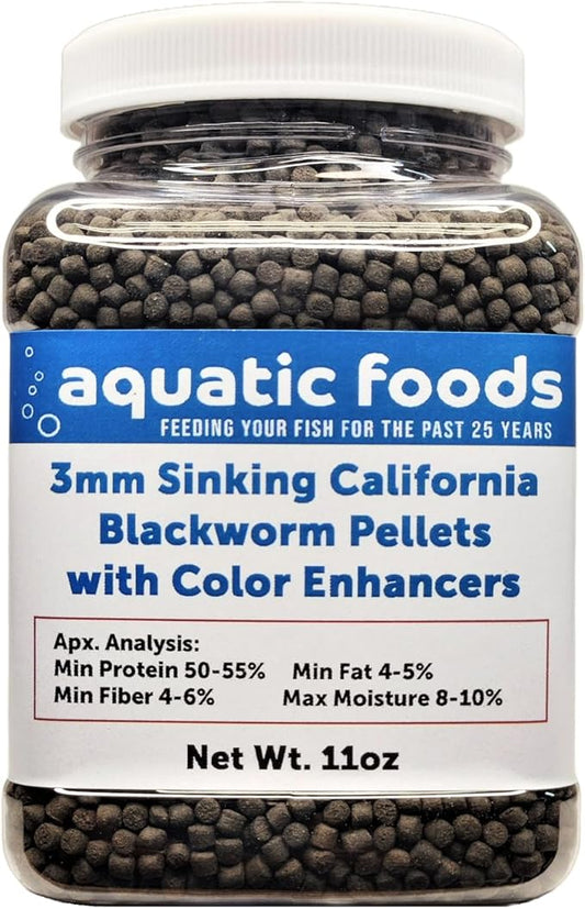 AquaticFoods Inc. 3mm Sinking Blackworm Pellets with Color Enhancers & Vitamins for Shrimp, Snails, Catfish, All Bottom Fish, Discus, Cichlids, Community Fish, All Tropical & Pond Fish…11oz Small Jar